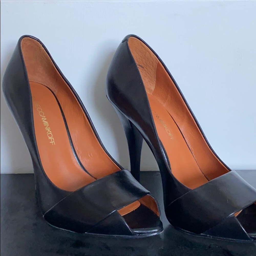 Rebecca Minkoff black leather peep toe wooden heel